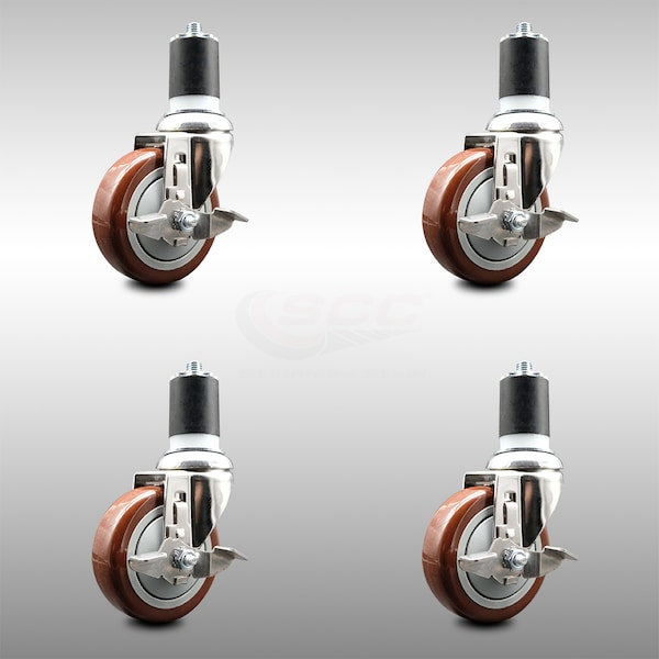 Service Caster 4 Inch 316SS Maroon Poly Swivel 1-7/8 Inch Expanding Stem Caster Set Brake SCC SCC-SS316EX20S414-PPUB-MRN-TLB-178-4 - main